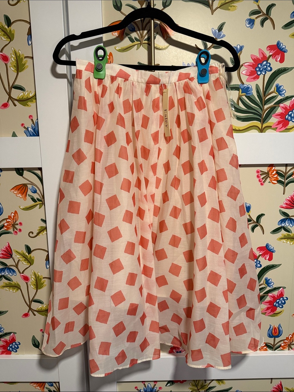 Esley Cream A-Line Skirt with Coral Square Print